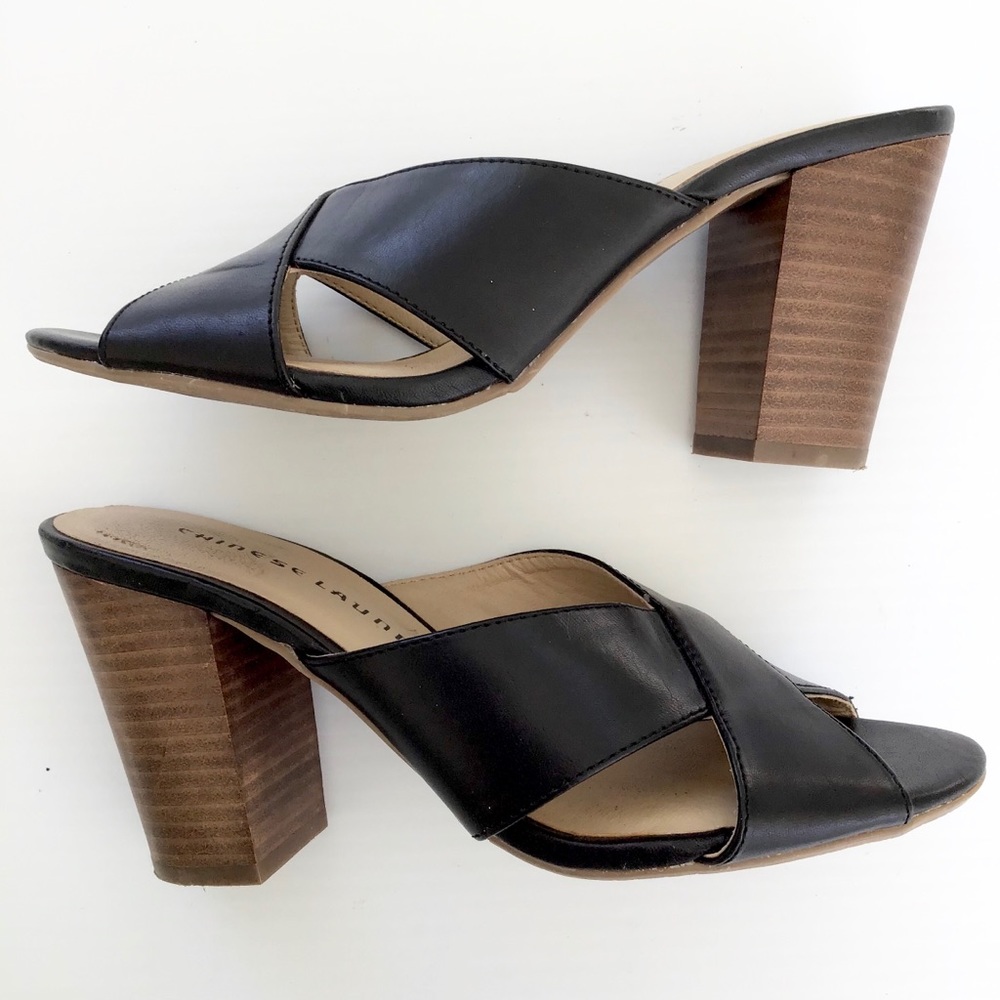 CHINESE LAUNDRY Belize leather chunky block heel Black Sandals shoes women 7